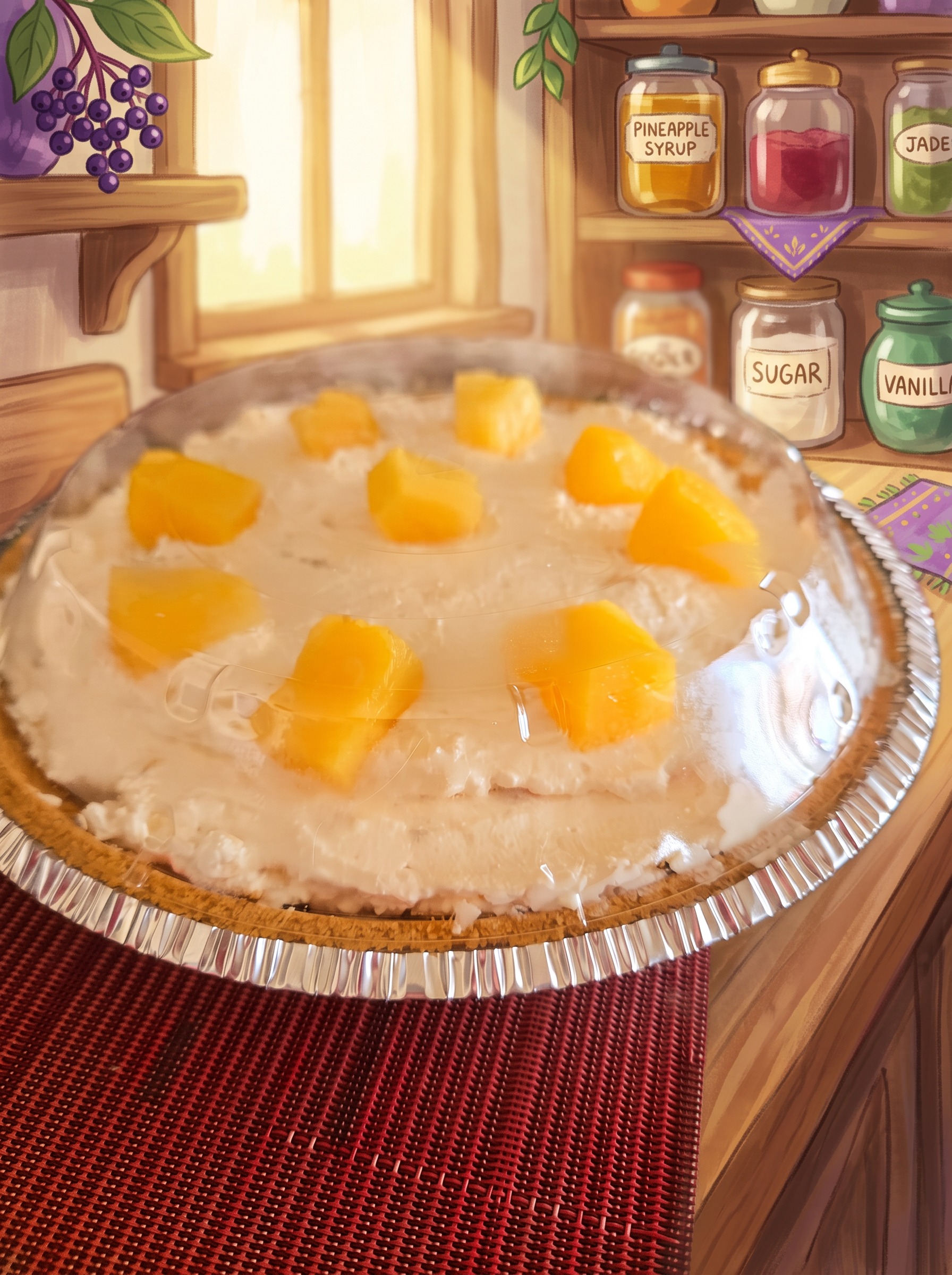 Creamy pineapple dream pie in a graham crust topped with pineapple chunks