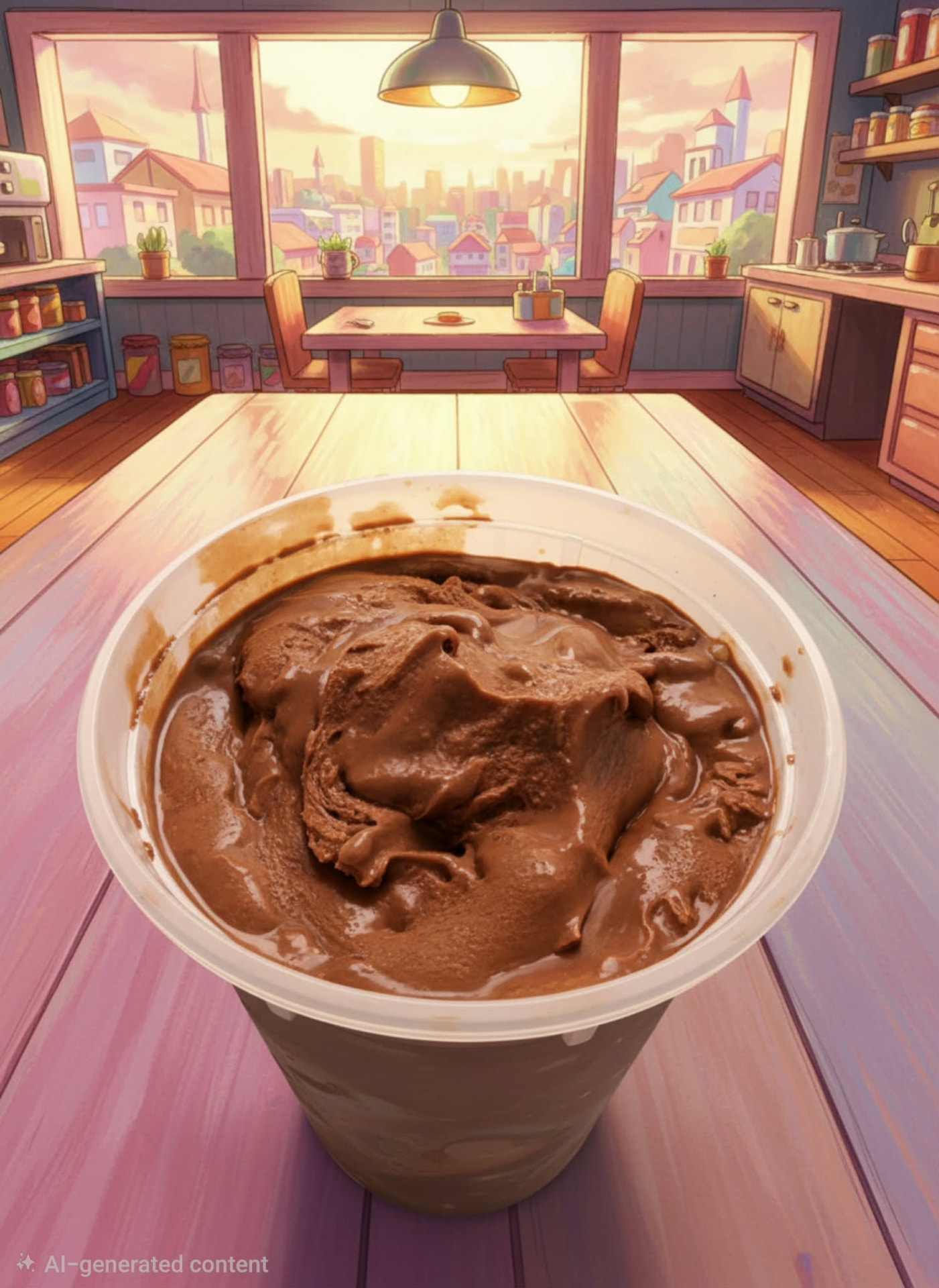 Tub of freshly churned chocolate ice cream on a wooden table