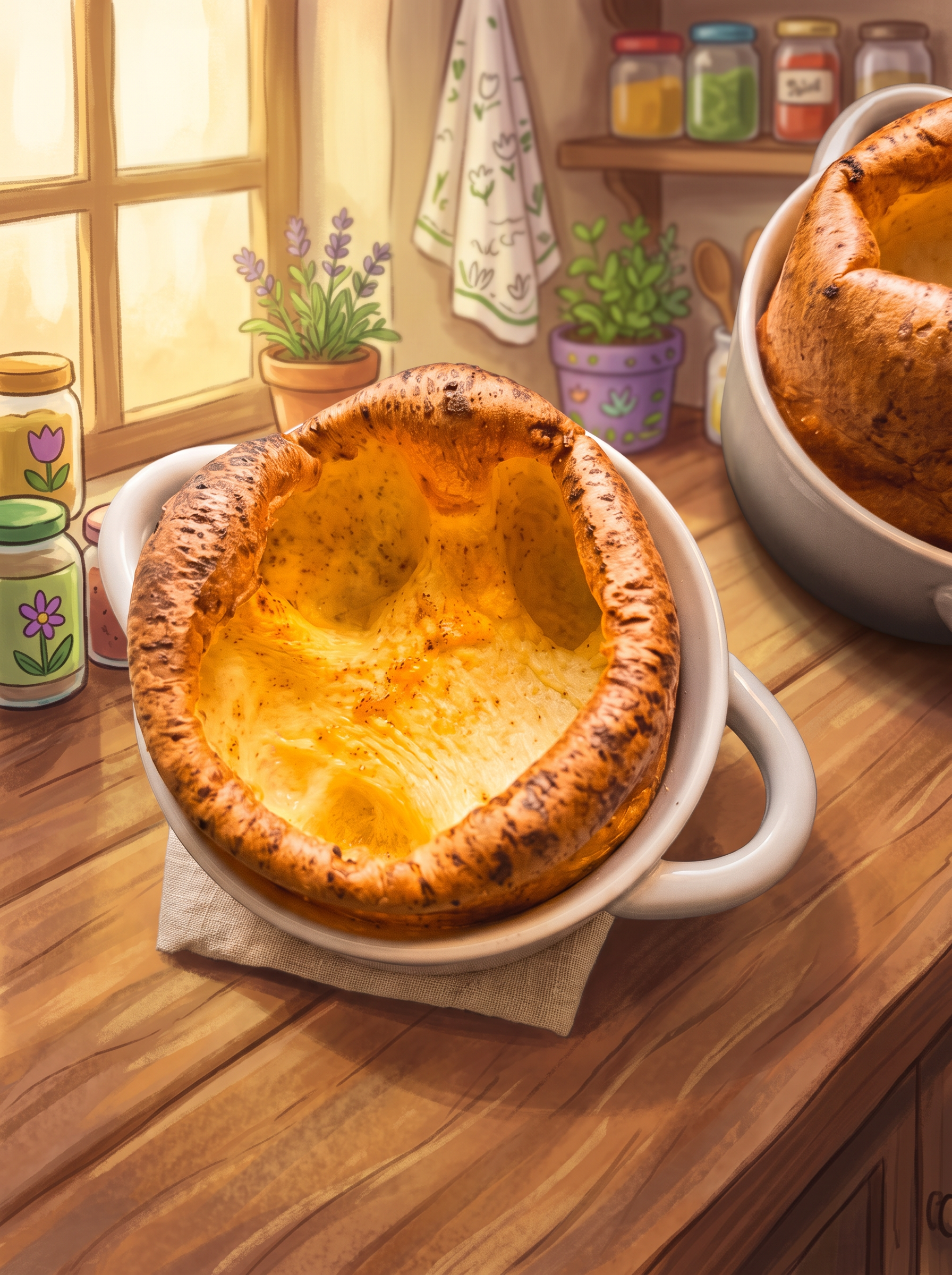 Individual Yorkshire pudding baked golden in a white crock