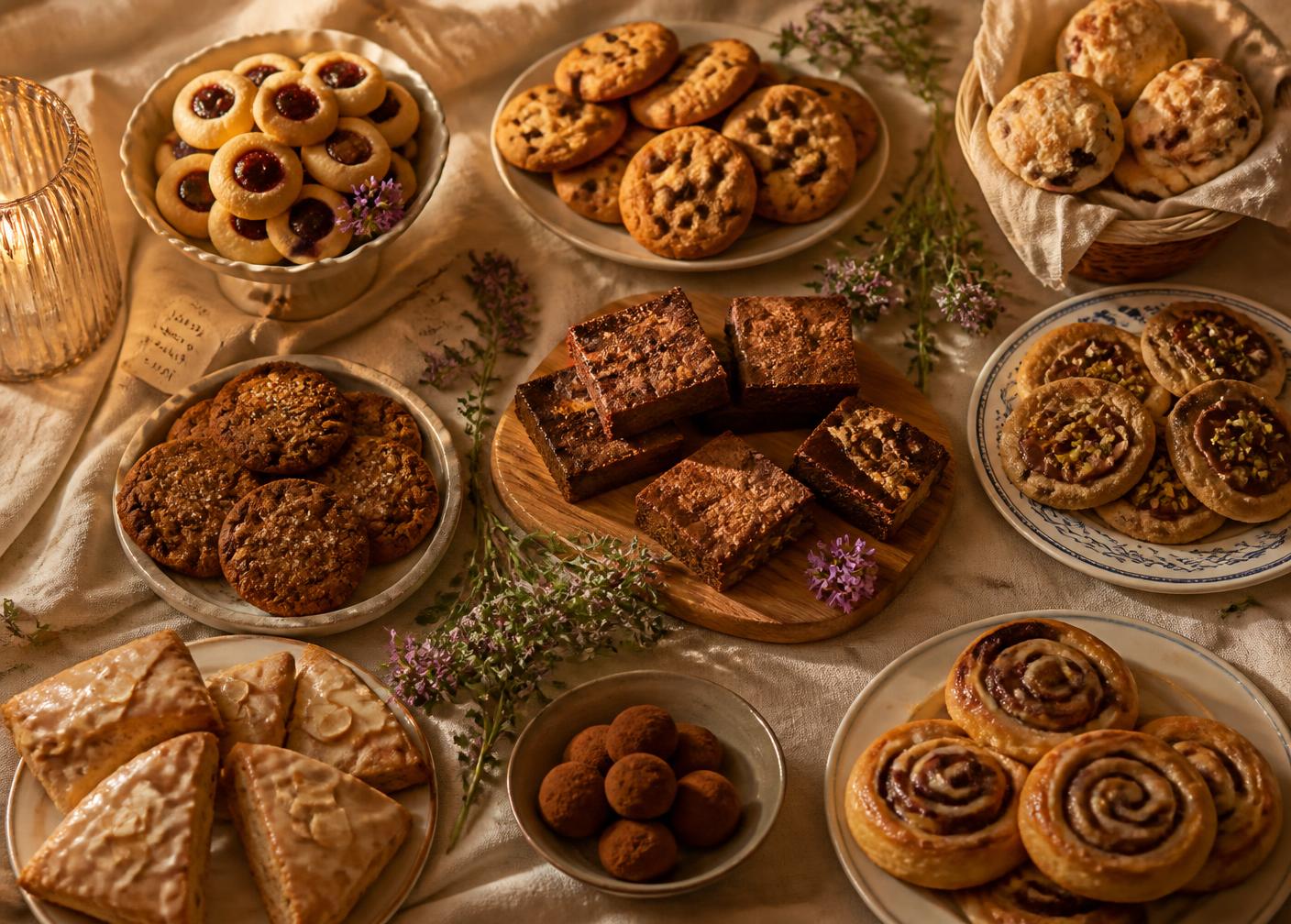 Table spread of homemade cookies, brownies, scones and cinnamon rolls